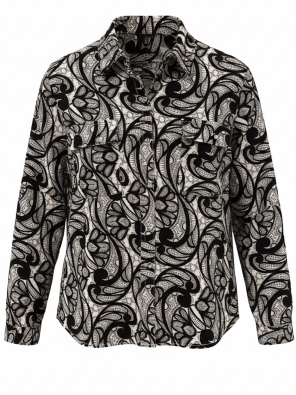 Como Black Patterned Long Sleeve Blouse with Silver Buttons
